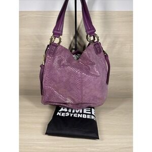 Aimee Kestenberg Purple Gold Embossed Leather Shoulder Bag Bucket Expandable Zip